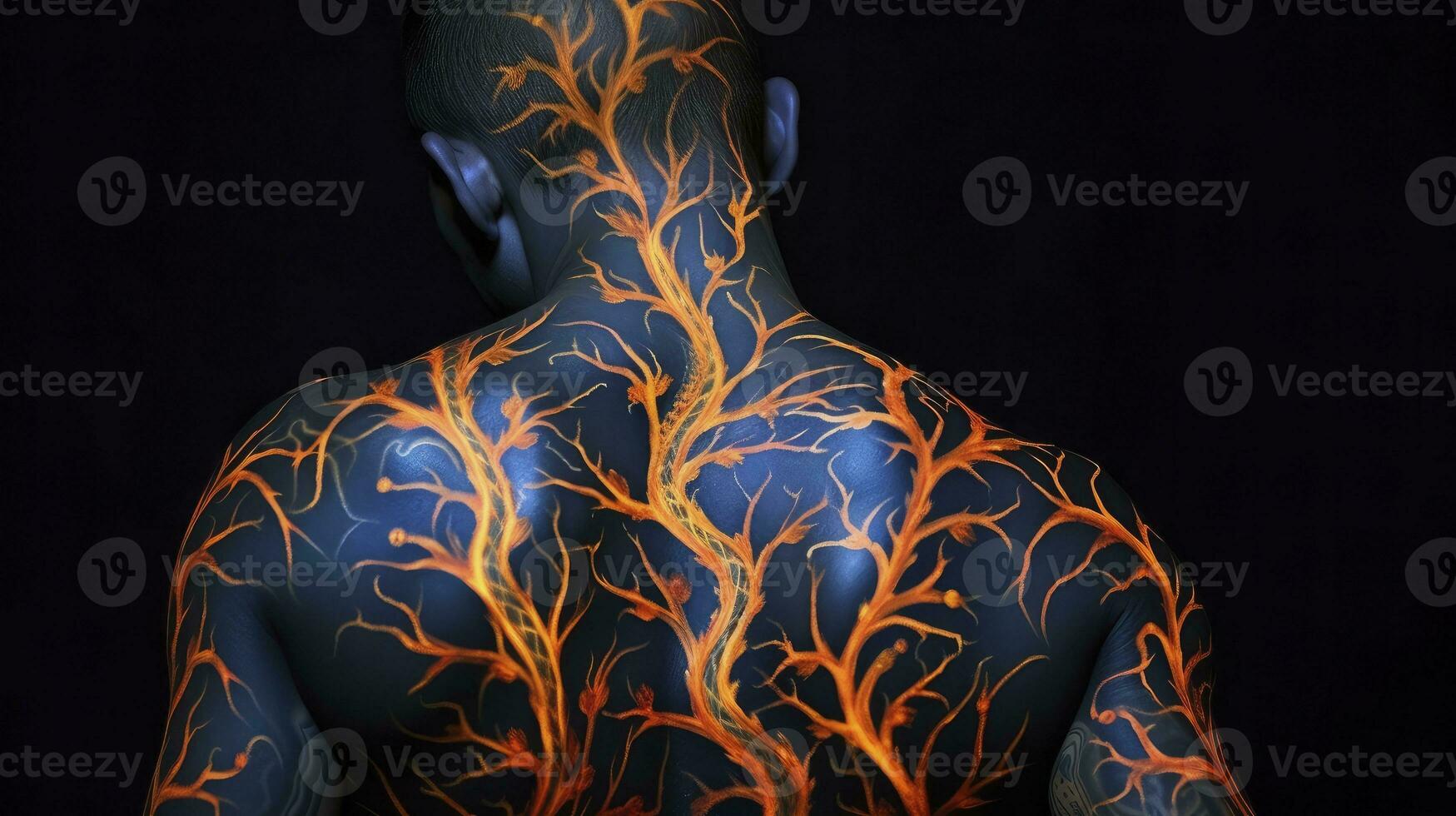 AI generated Man photo with colored luminous tattoos on her back