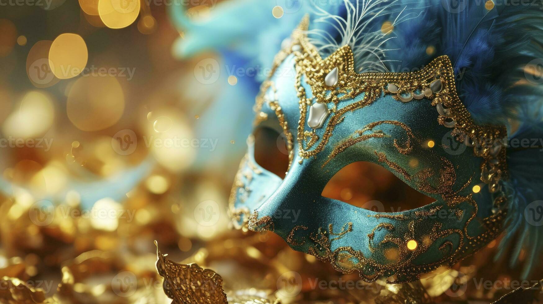 AI generated Realistic luxury carnival mask with blue feathers. Abstract blurred background, gold dust, and light effects photo