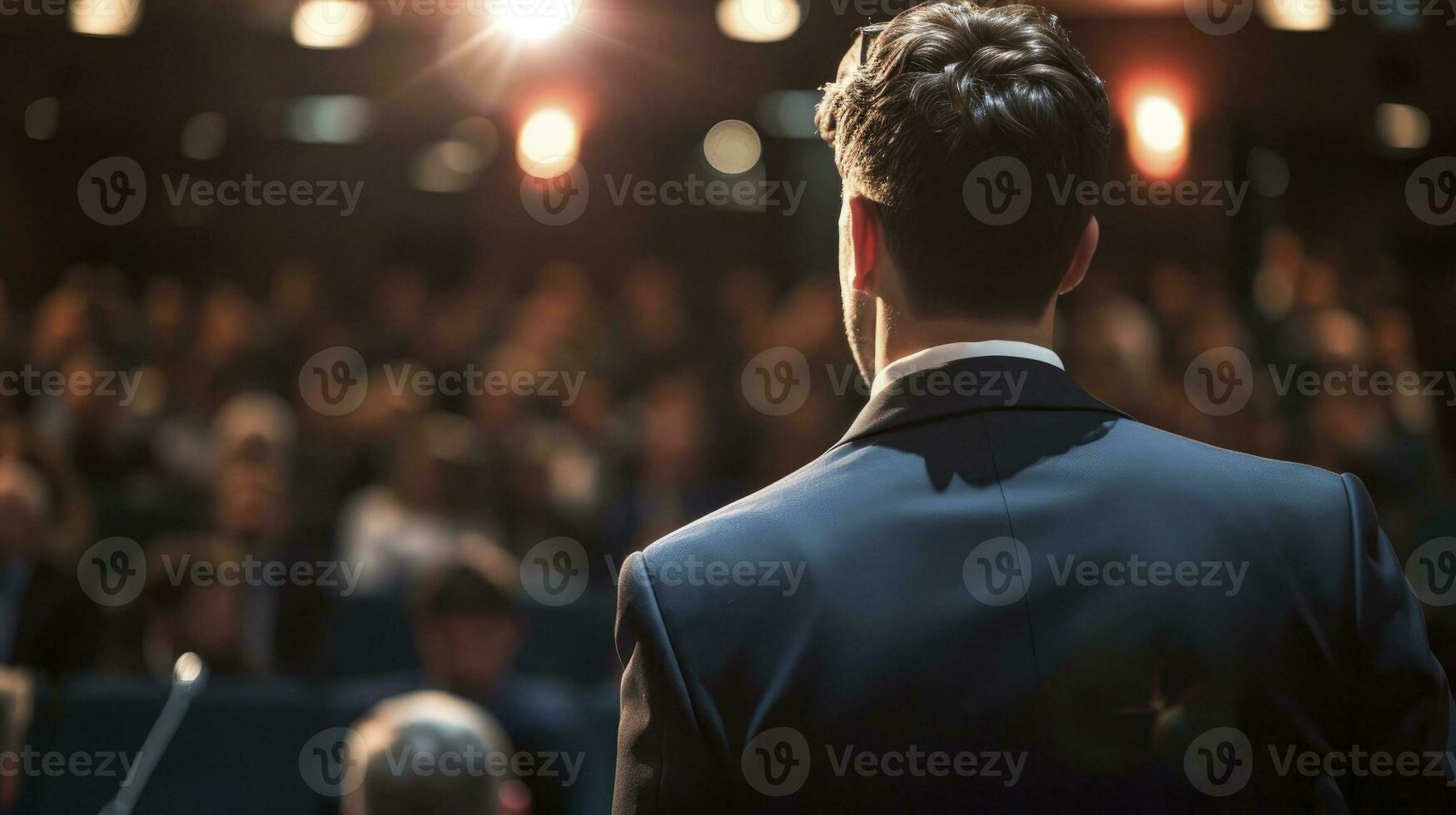 AI generated Business and entrepreneurship symposium. Speaker giving a talk at business meeting. Audience in conference hall. Rear view of unrecognized participant in audience. photo