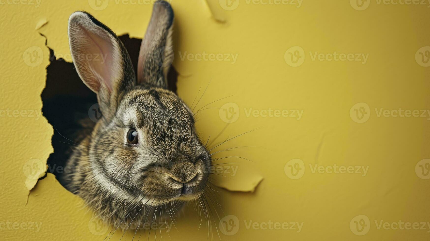 AI generated Bunny peeking out of a hole in paper, fluffy eared bunny easter bunny banner, rabbit jump out torn hole. photo