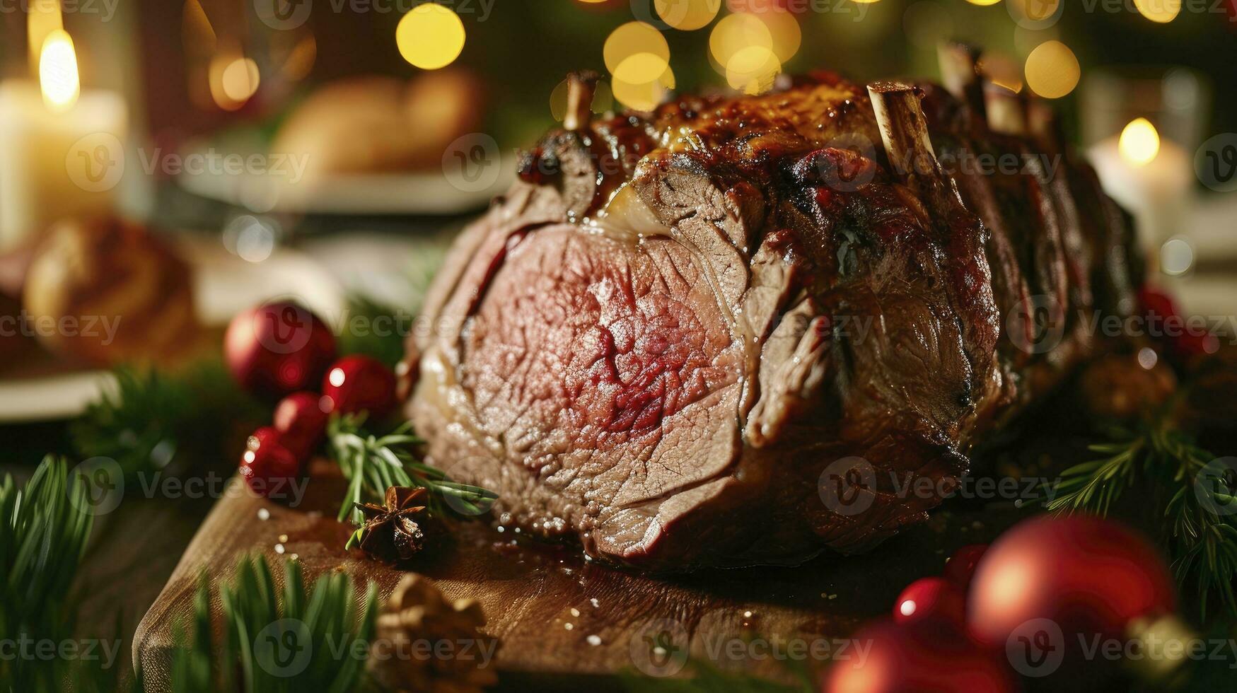 AI generated Christmas prime rib beef fillet roasted closeup, Xmas menu on table photo