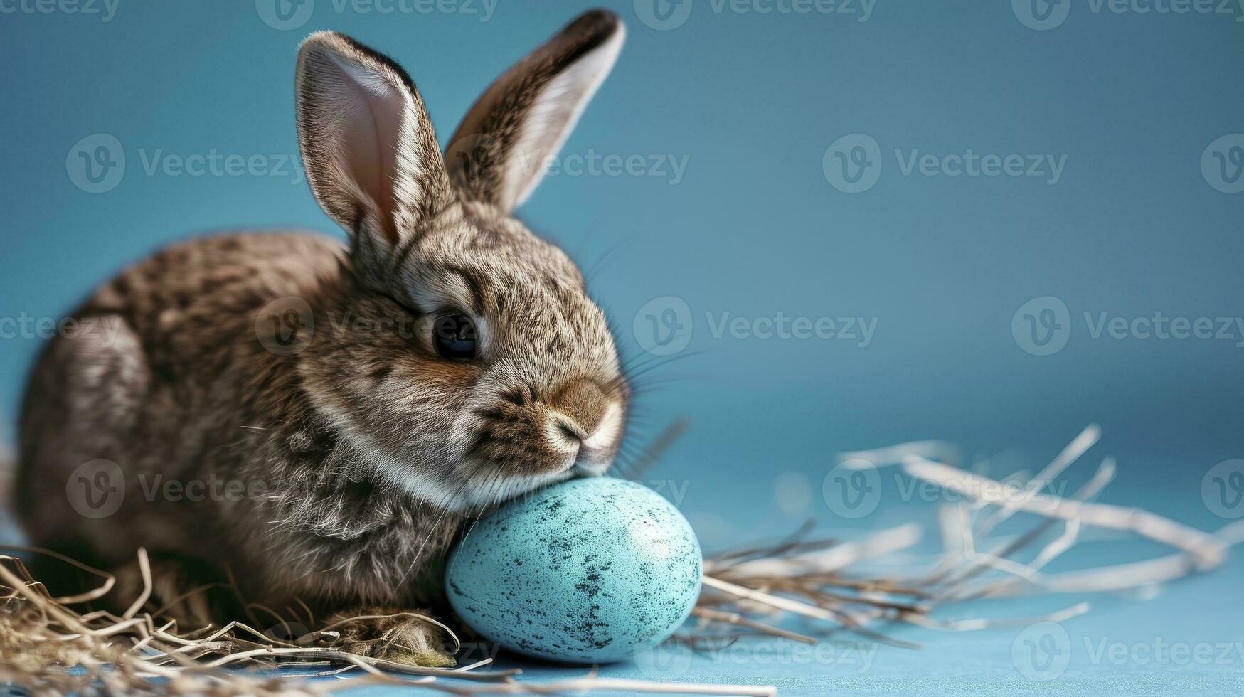 AI generated Easter bunny rabbit with blue painted egg on blue background. Easter holiday concept. photo