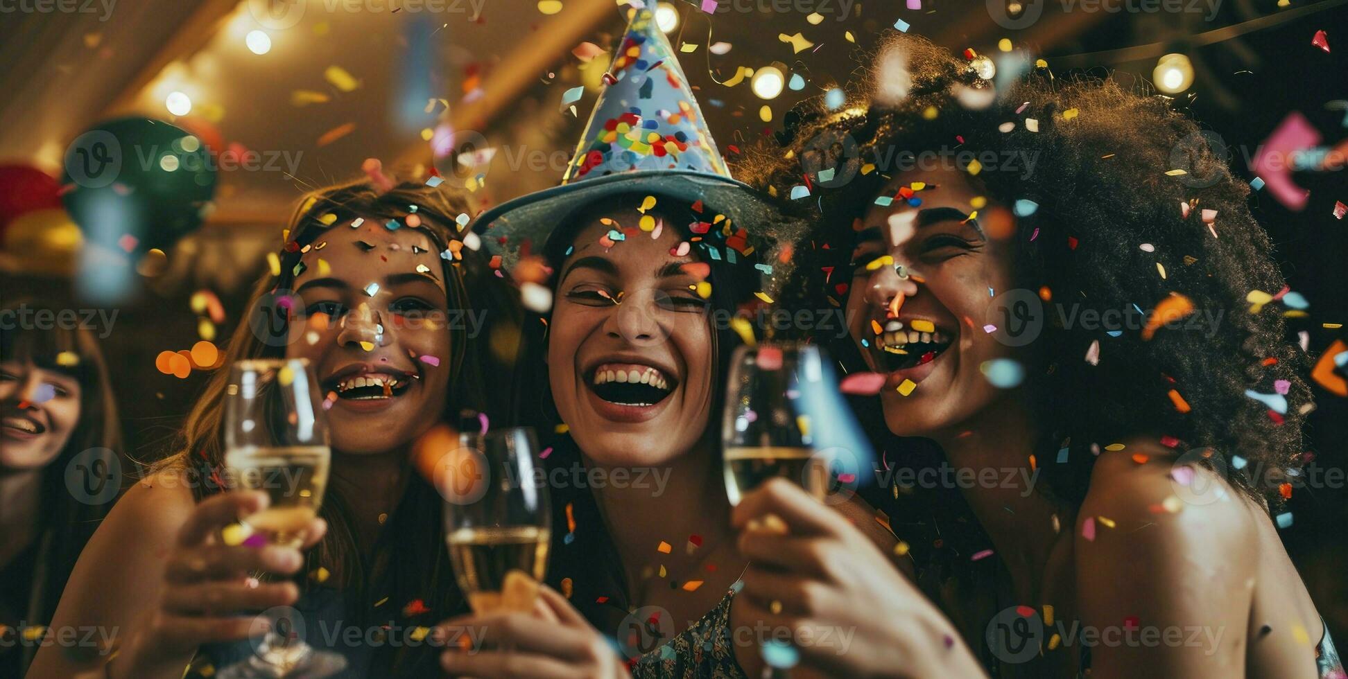 AI generated Happy friends celebrating a carnival party photo