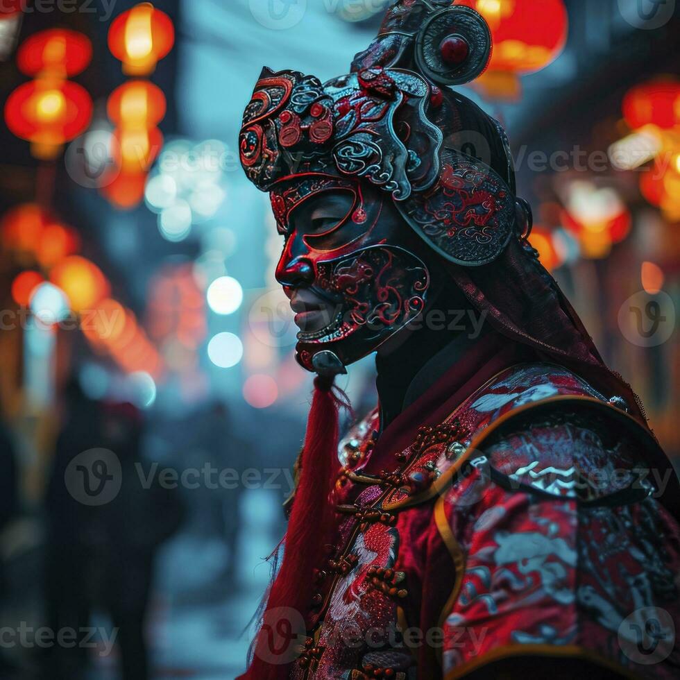AI generated Chinese man with a Chinese New Year costume in a city at the night. photo