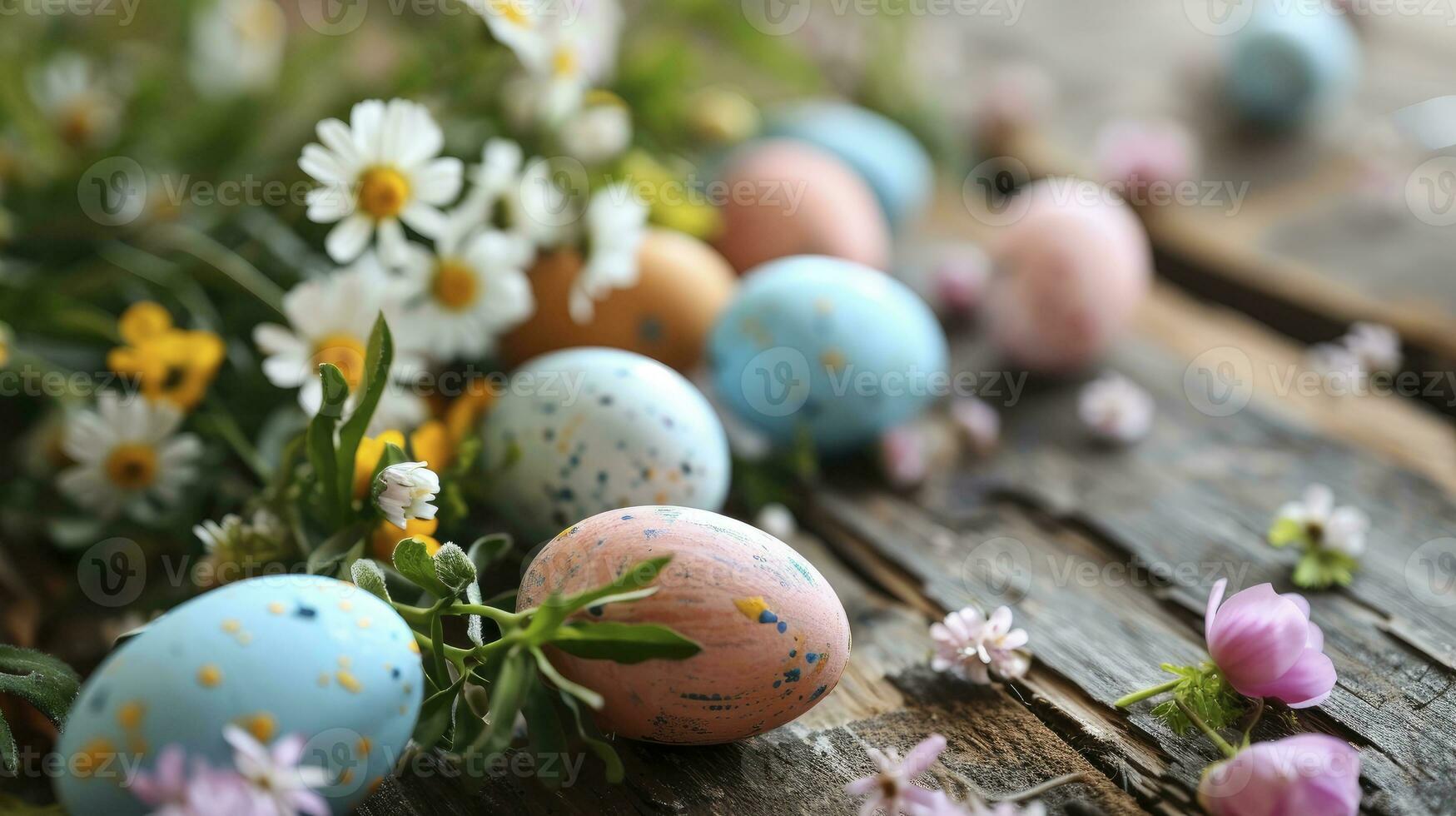 AI generated Easter eggs with flowers on table photo