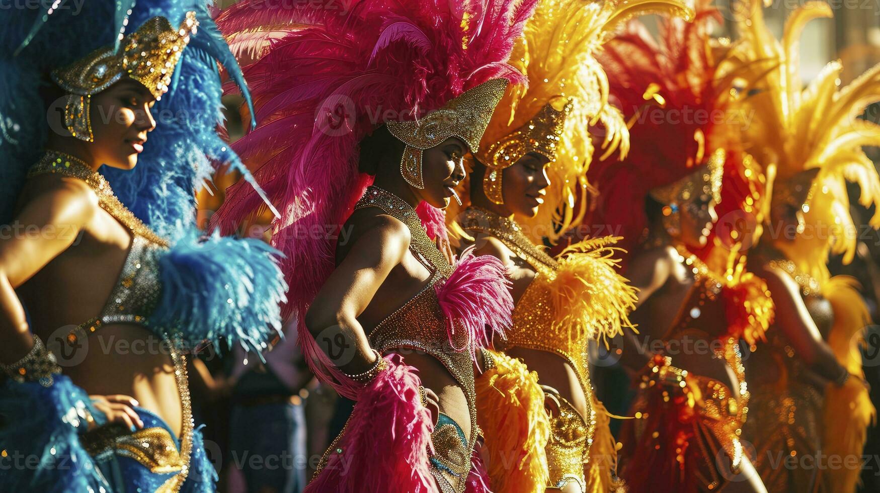 AI generated Group of a sexy girls in a colorful sumptuous carnival feather suit. photo