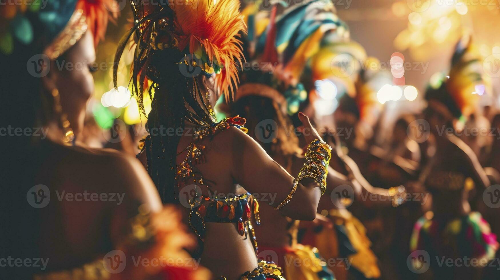 AI generated Lets dance all our troubles away. Cropped shot of beautiful samba dancers performing in a carnival with their band. photo