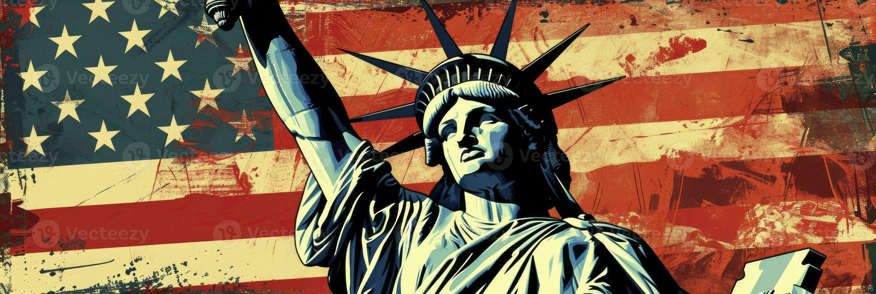 AI generated Statue of liberty against American flag background. July 4 Independence Day. photo