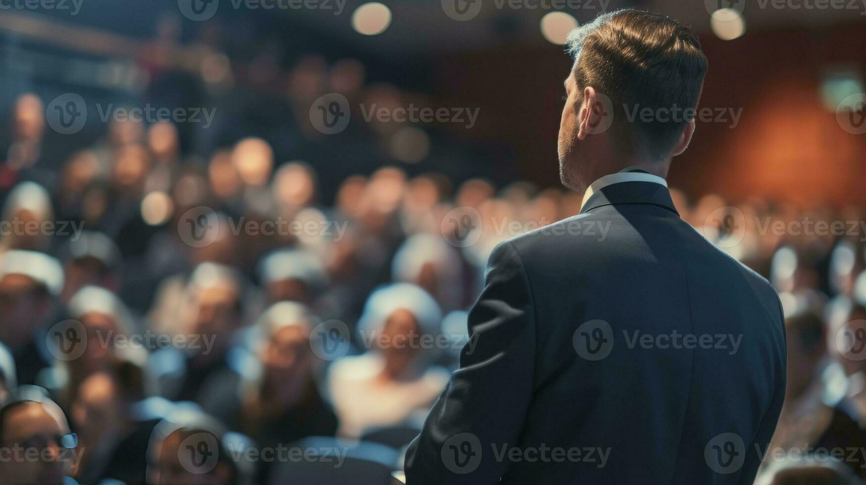 AI generated Business and entrepreneurship symposium. Speaker giving a talk at business meeting. Audience in conference hall. Rear view of unrecognized participant in audience. photo