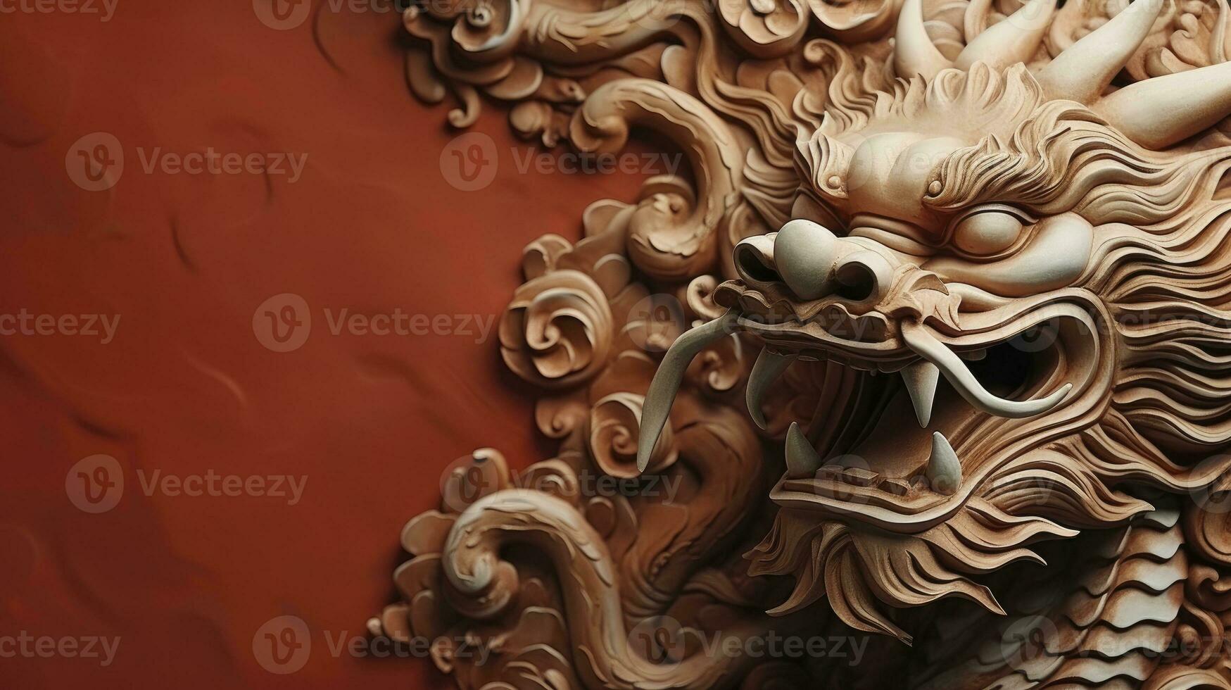 AI generated Chinese golden dragon on red background, space for text. photo