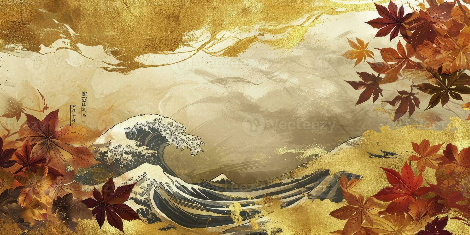 AI generated Japanese-Inspired Golden Leaf Frame with Watercolor Waves, Clouds, and Traditional Patterns. Exquisite Design for a Luxurious Paper Treatment or Banner with a Touch of Japan. photo