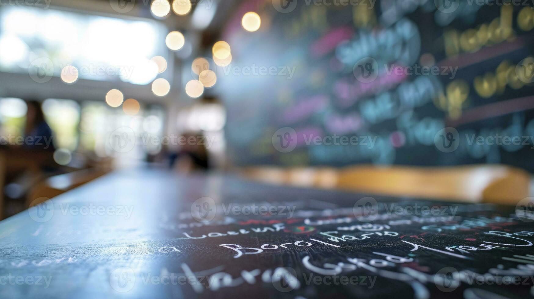 AI generated Different people different color hand writing on a chalkboard side view classroom bokeh background photo