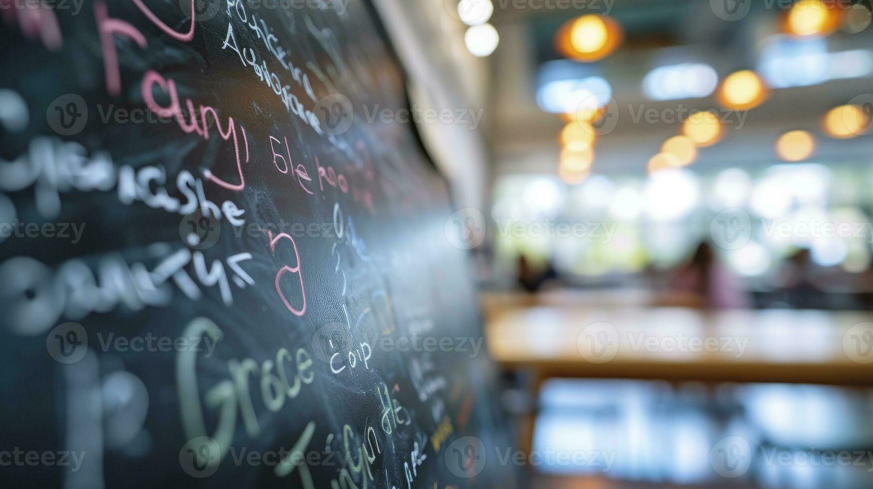 AI generated Different people different color hand writing on a chalkboard side view classroom bokeh background photo