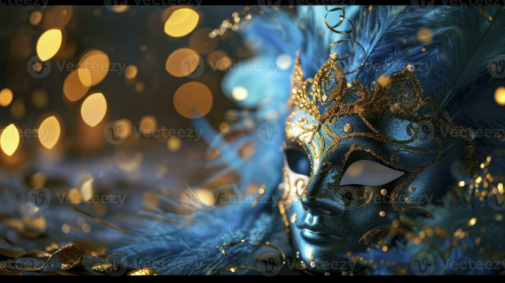 AI generated Realistic luxury carnival mask with blue feathers. Abstract blurred background, gold dust, and light effects photo