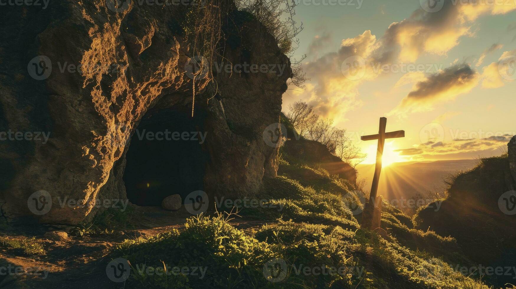 AI generated Tomb Empty With Shroud And Crucifixion At Sunrise - Resurrection Of Jesus Christ photo