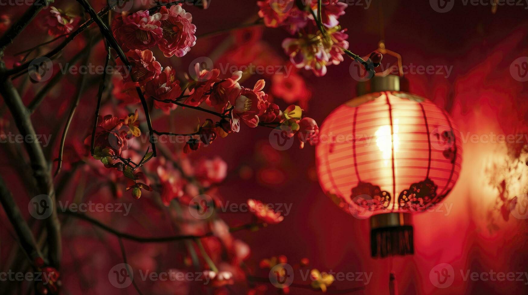 AI generated Happy chinese new year, hanging beautiful lantern and flowers on red background. Copy space. photo