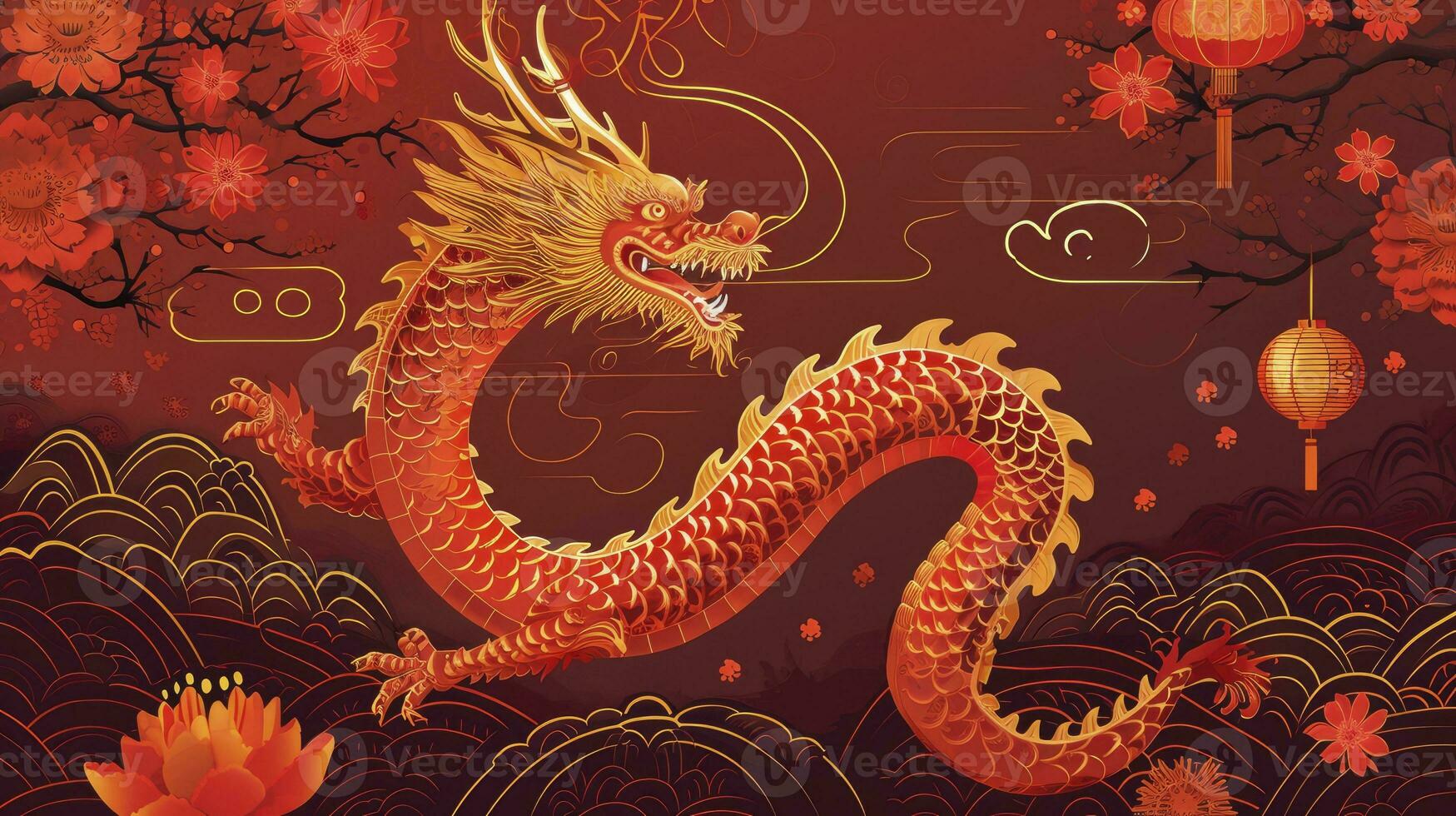 AI generated Happy Chinese new year 2024. Year of the dragon. New year horizontal backgound with dragon. photo