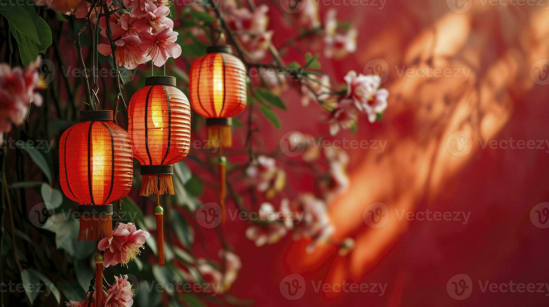 AI generated Happy chinese new year, hanging beautiful lantern and flowers on red background. Copy space. photo
