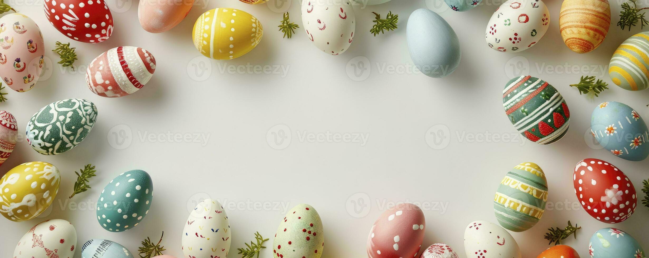 AI generated Easter banner with colorful Easter Egg double side border over a white background. Top view with copy space. photo