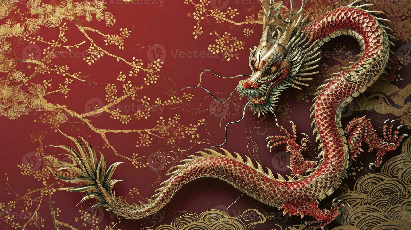 AI generated Happy Chinese new year 2024. Year of the dragon. New year horizontal backgound with dragon. photo