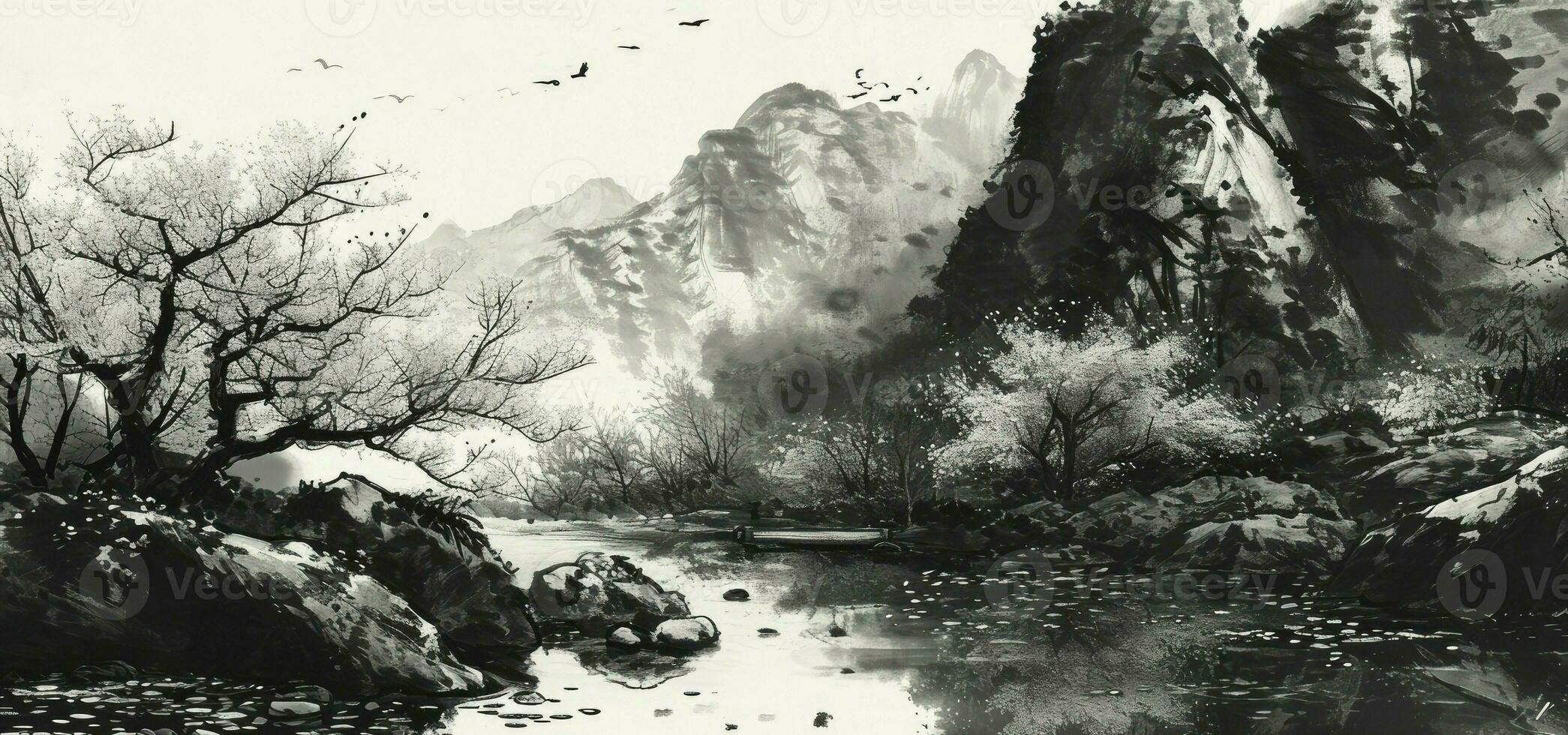 AI generated Chinese style ink landscape photo