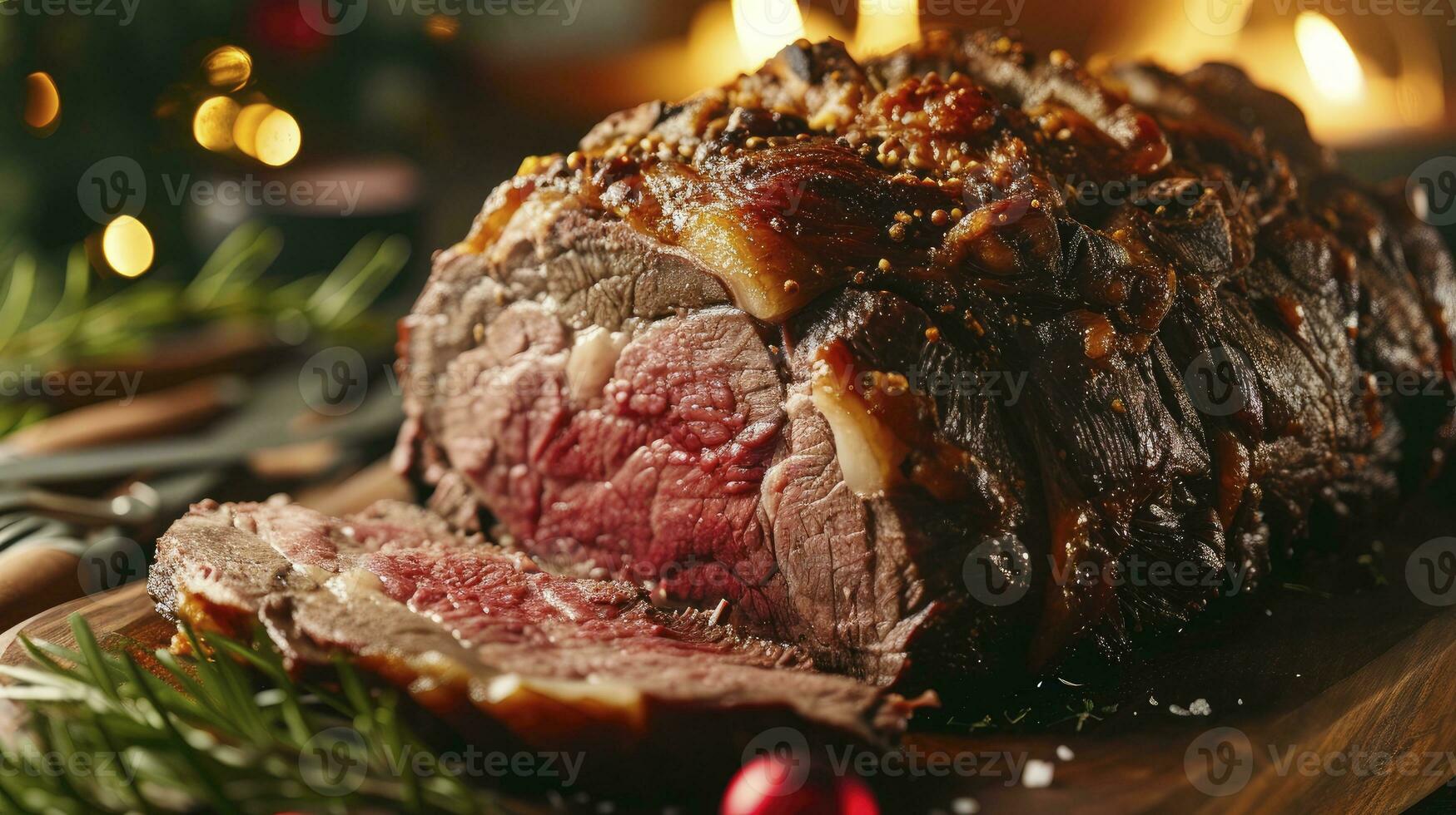 ai generado Navidad principal costilla carne de vaca filete asado de cerca, Navidad menú en mesa foto