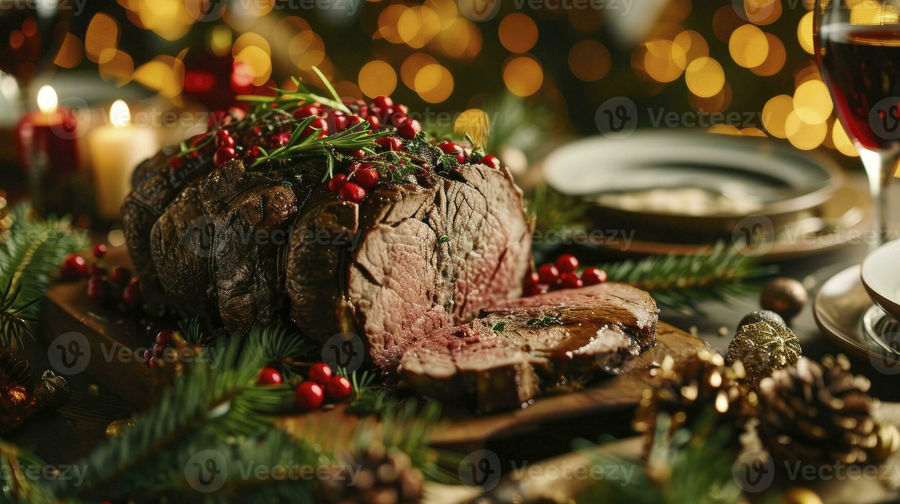 AI generated Christmas prime rib beef fillet roasted closeup, Xmas menu on table photo