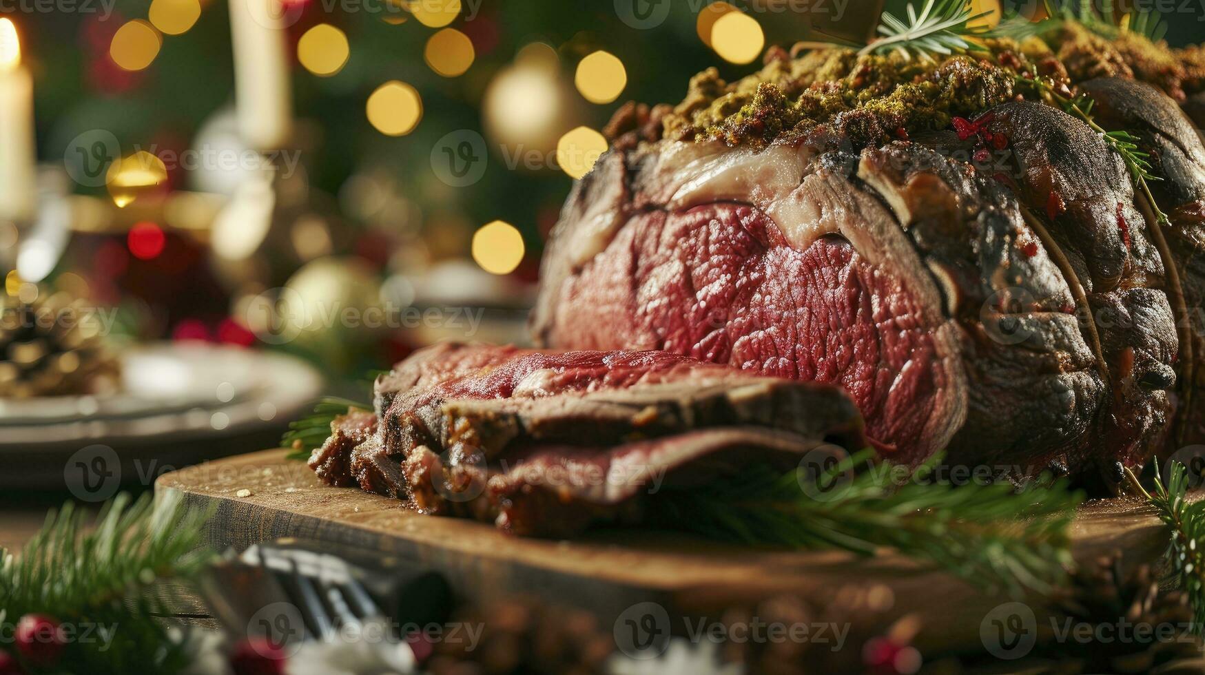 AI generated Christmas prime rib beef fillet roasted closeup, Xmas menu on table photo