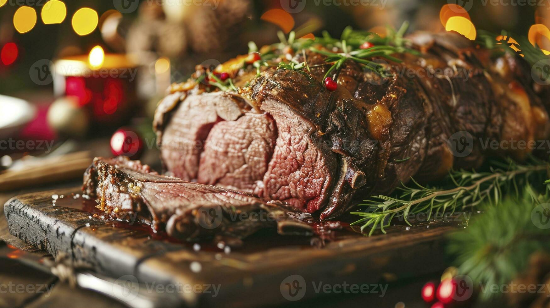 AI generated Christmas prime rib beef fillet roasted closeup, Xmas menu on table photo