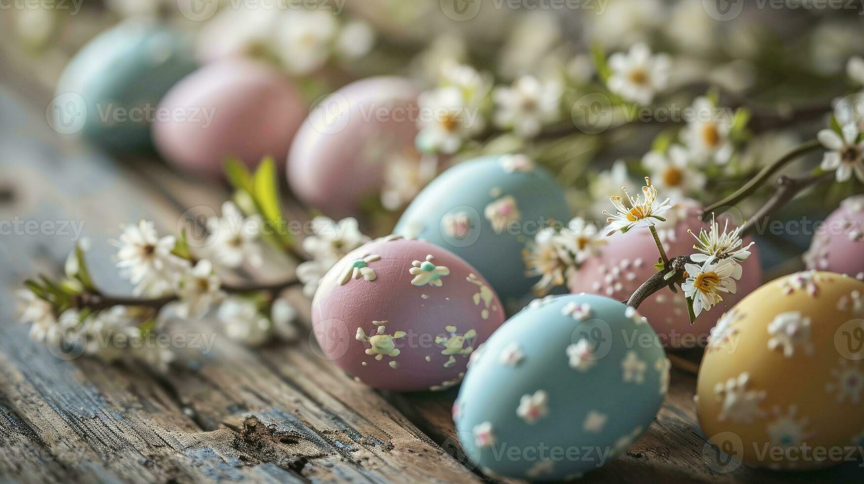 AI generated Easter eggs with flowers on table photo