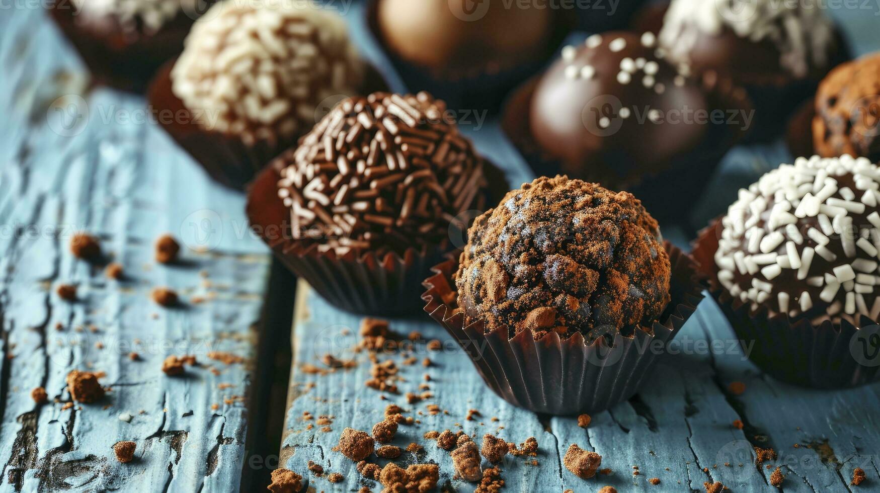 AI generated Brigadeiro in paper forms on blue wooden background, close up photo
