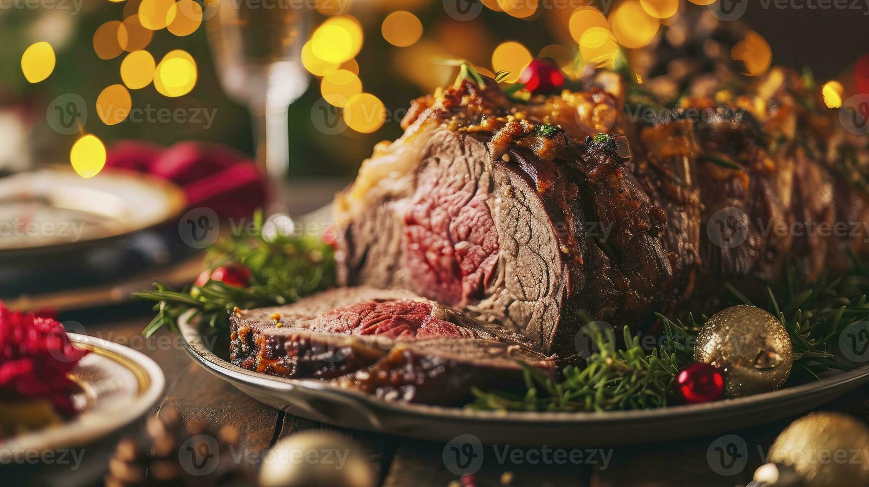 AI generated Christmas prime rib beef fillet roasted closeup, Xmas menu on table photo