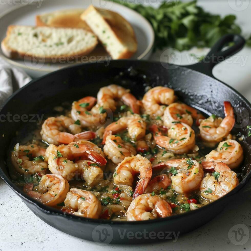 AI generated A cast iron skillet with garlic shrimp, on a white countertop. Behind the skillet is a plate with a portion of shrimp and bread photo