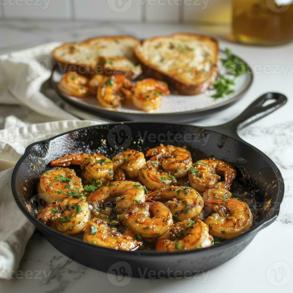 AI generated A cast iron skillet with garlic shrimp, on a white countertop. Behind the skillet is a plate with a portion of shrimp and bread photo