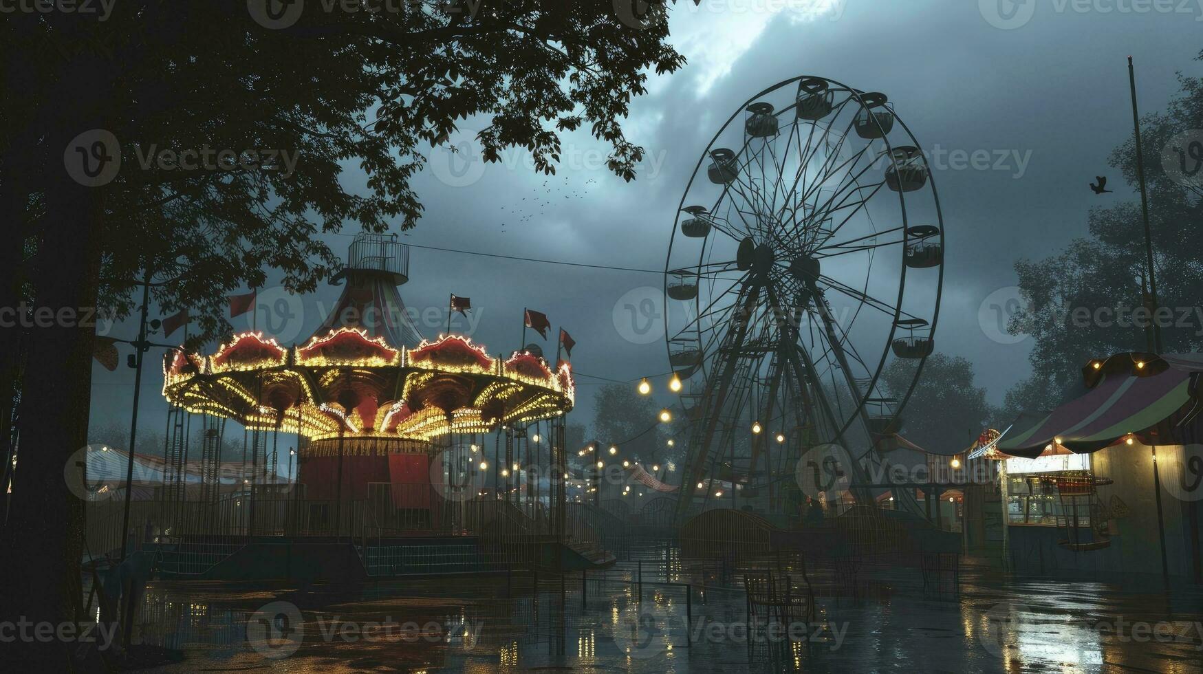 ai generado antiguo carnaval con un ferris rueda en un nublado noche. 3d representación, ilustración foto