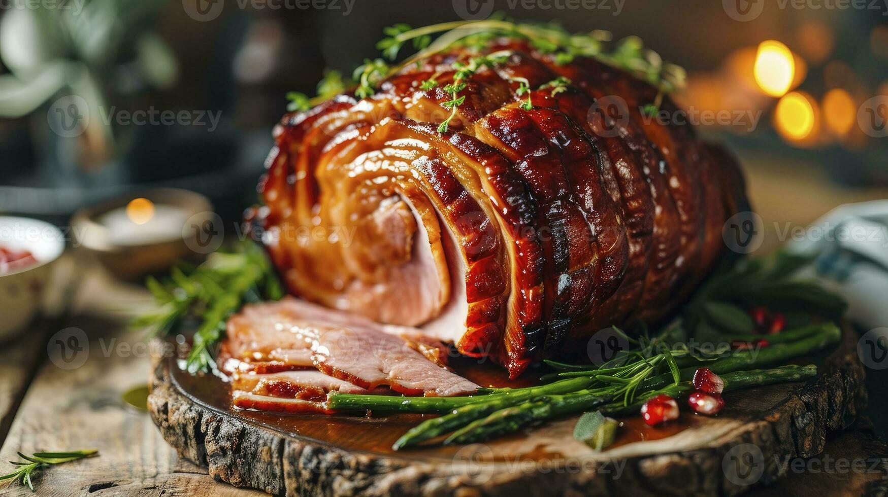 AI generated Homemade, warm, steaming Glazed Easter Spiral Cut Ham photo