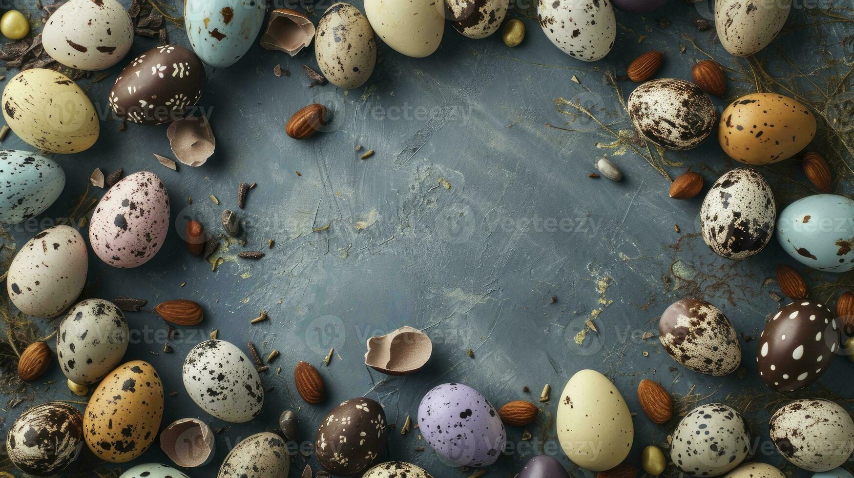 AI generated Top down view of an Easter border frame of robin's eggs and chocolate eggs with copy space in the middle photo