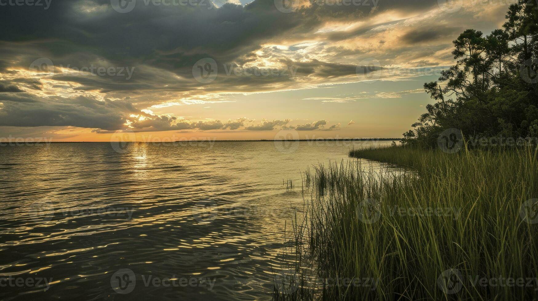 AI generated Overcast sky at sunset over Mobile Bay photo