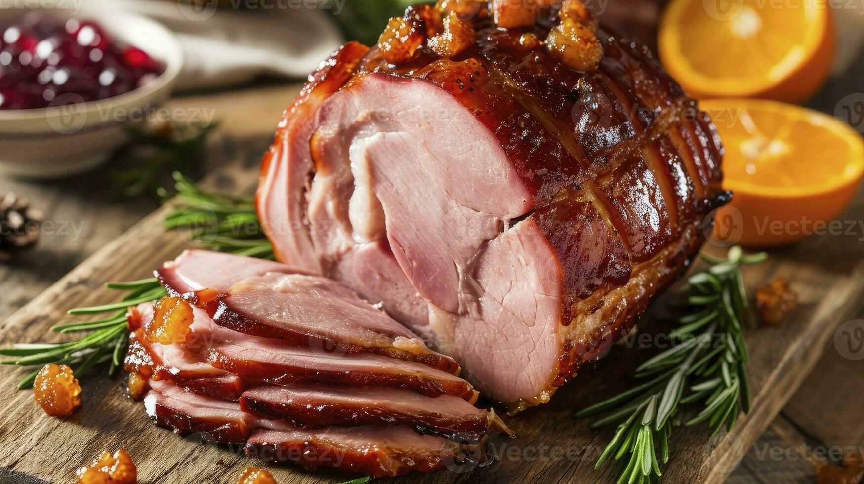 AI generated Homemade, warm, steaming Glazed Easter Spiral Cut Ham photo