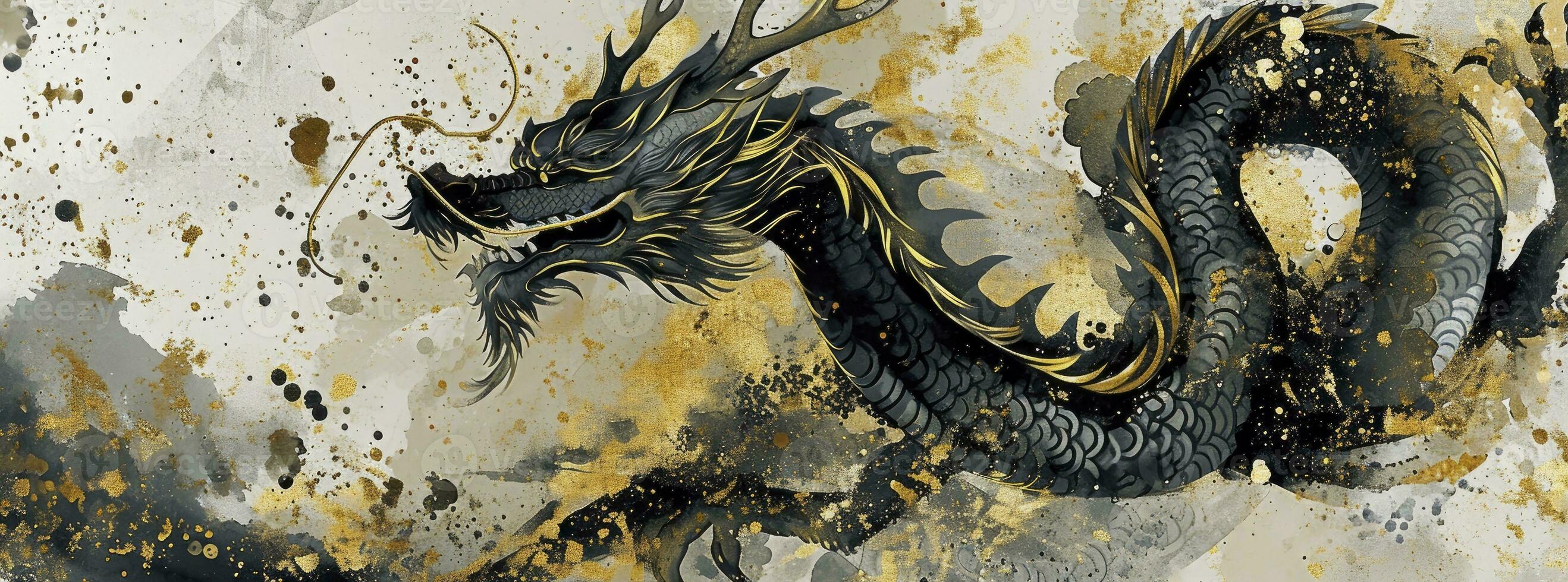 AI generated Happy New Year of the Dragon, in the style of ink wash collages, light gray and dark gold, elegant brushstrokes, decorative borders, watercolor. photo