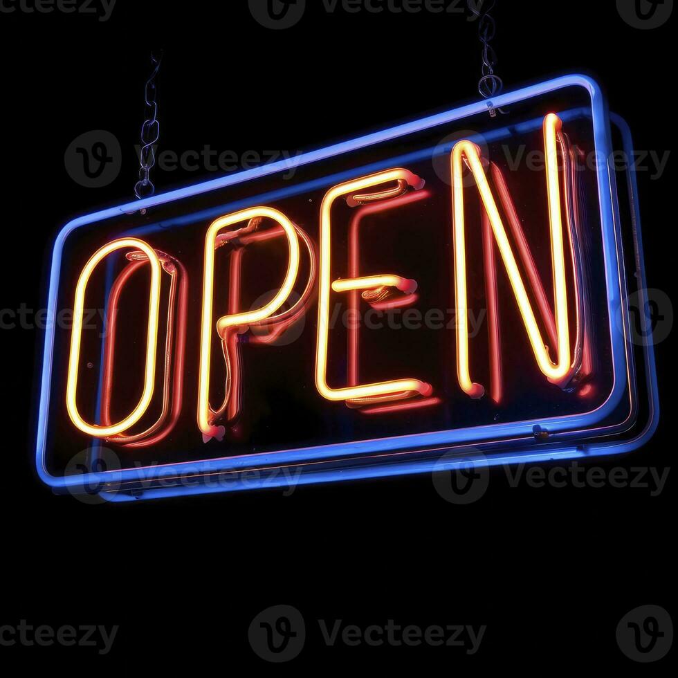 AI generated Neon vibrant OPEN text sign isolated on black photo