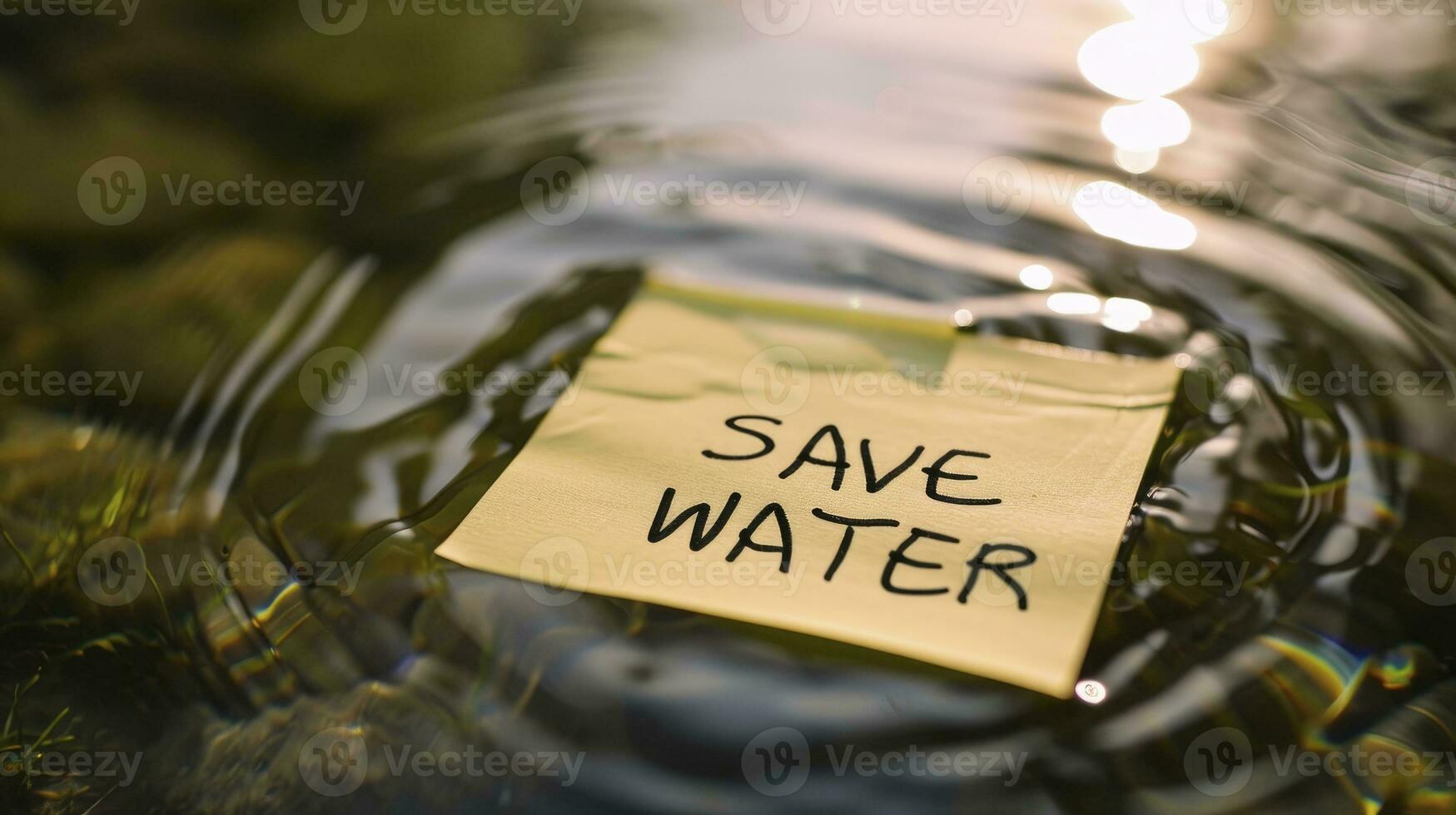 AI generated The text SAVE WATER written in a sticky note, sticky note on the water photo