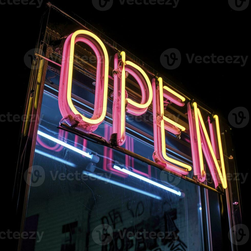 AI generated Neon vibrant OPEN text sign isolated on black photo