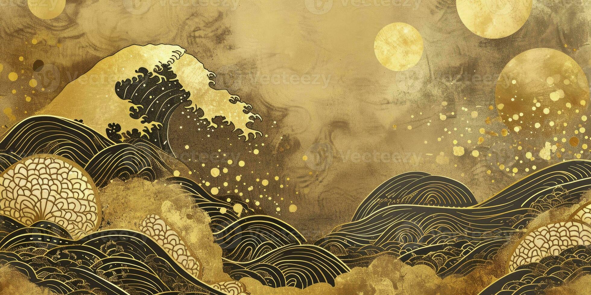 AI generated Japanese-Inspired Golden Leaf Frame with Watercolor Waves, Clouds, and Traditional Patterns. Exquisite Design for a Luxurious Paper Treatment or Banner with a Touch of Japan. photo