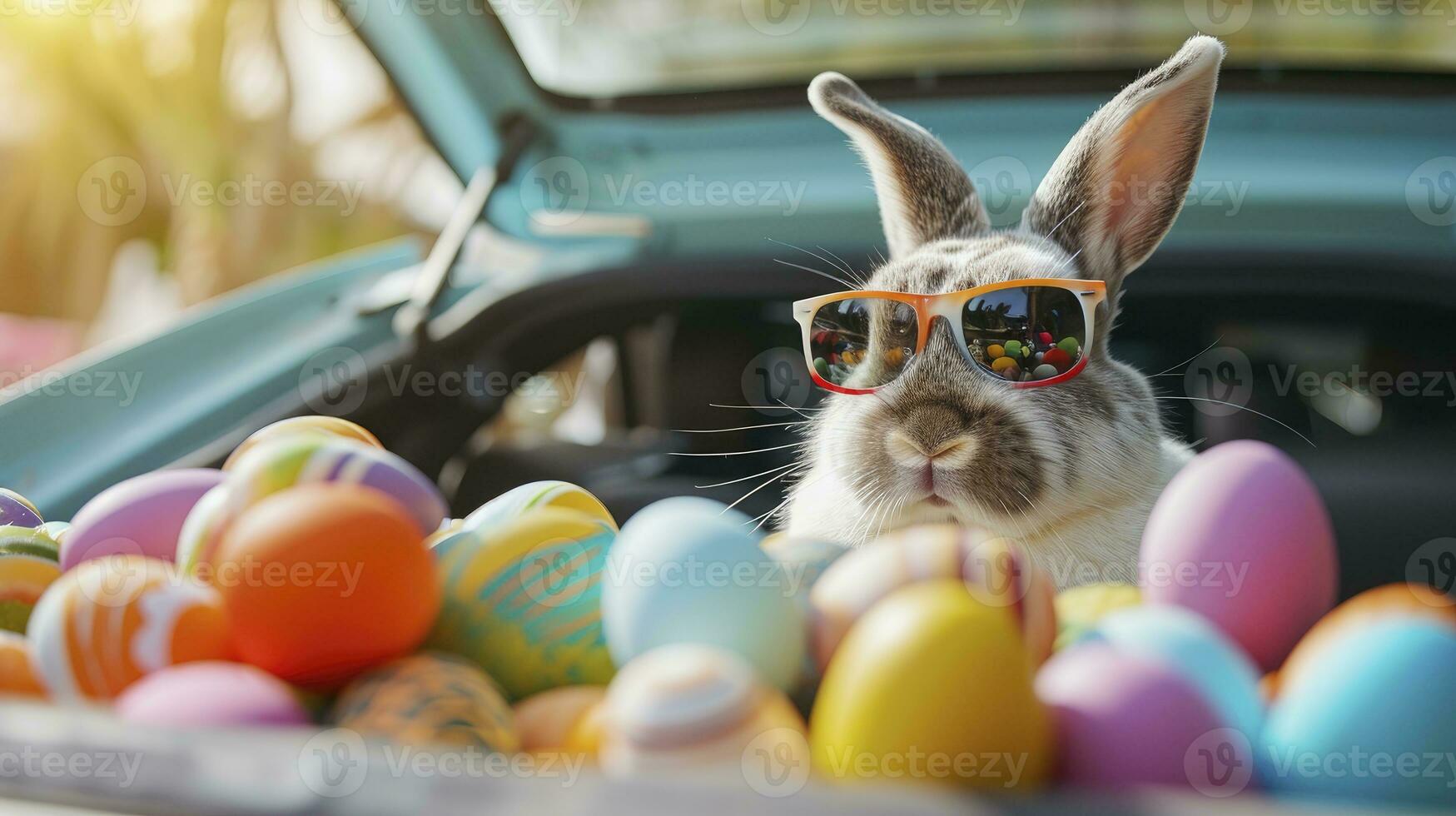 AI generated Cute Easter Bunny with sunglasses looking out of a car filed with easter eggs photo