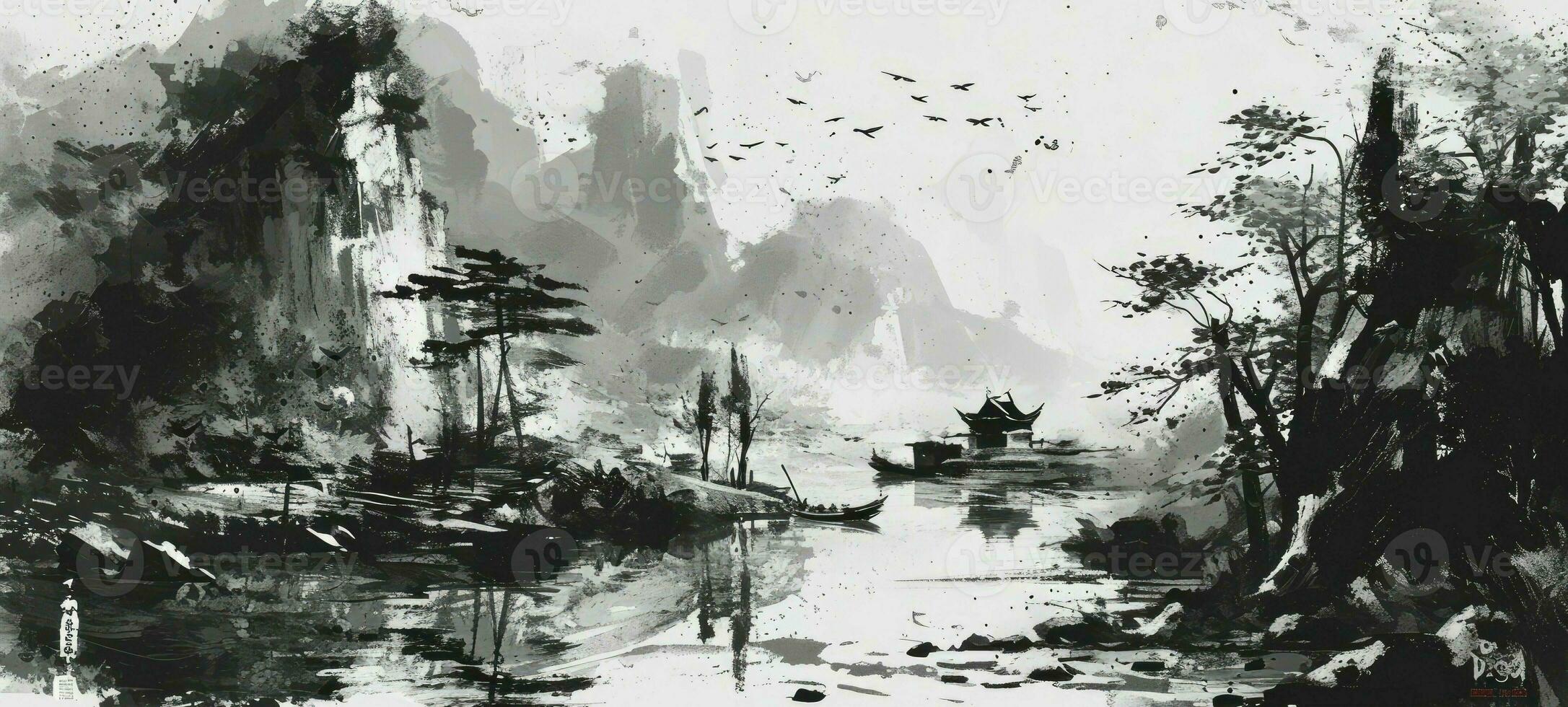 AI generated Chinese style ink landscape photo