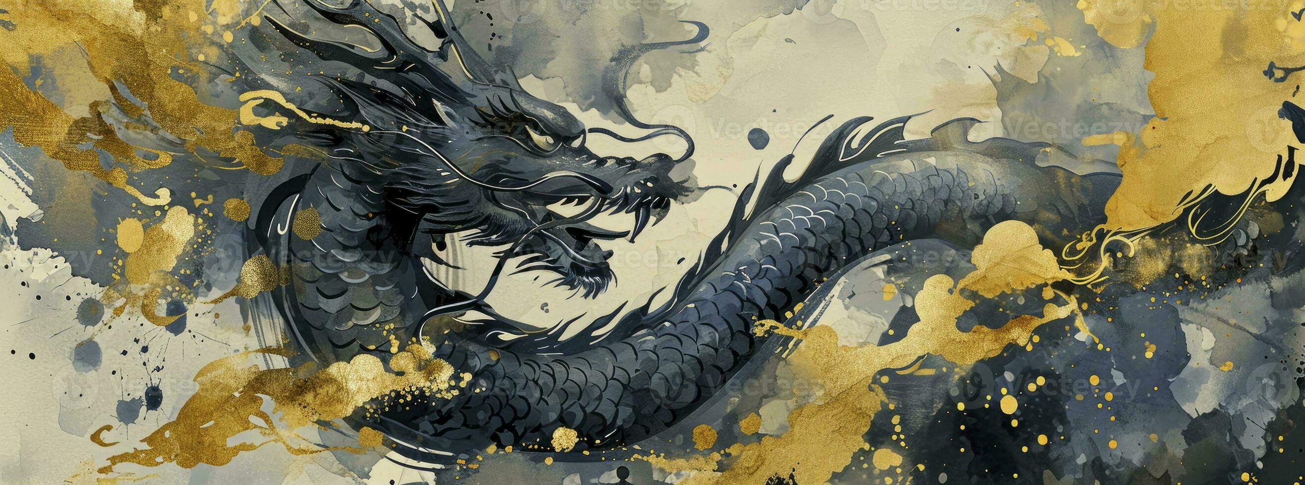 AI generated Happy New Year of the Dragon, in the style of ink wash collages, light gray and dark gold, elegant brushstrokes, decorative borders, watercolor. photo