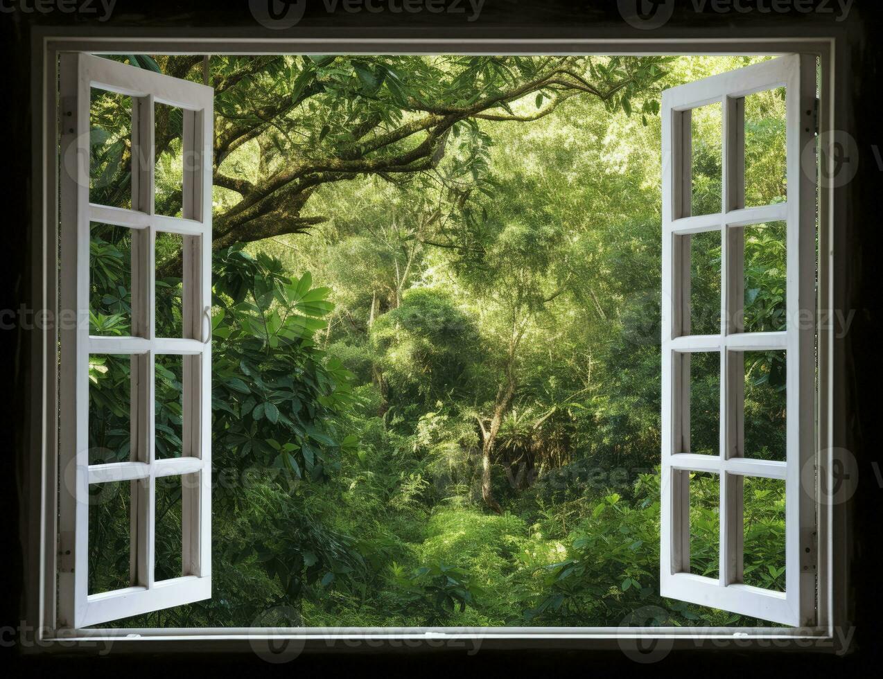ai generado moderno casa abierto ventana ver bosque antecedentes foto