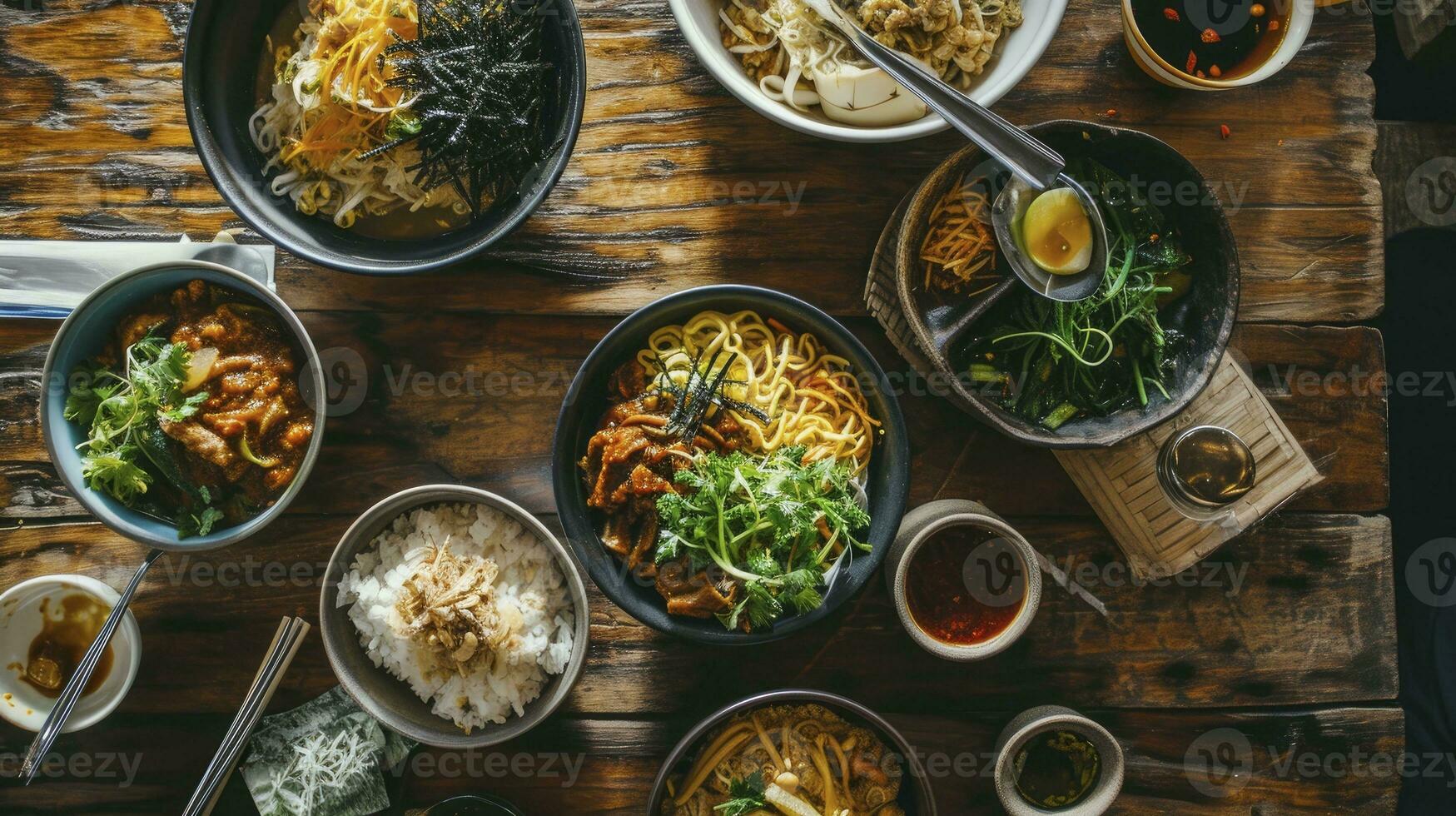 AI generated Overhead view of food served in bowl on table photo