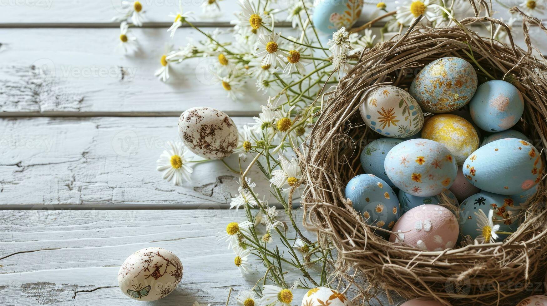 AI generated Painted Eggs with Flowers. Easter Banner with copy-space, featuring a Basket of Eggs on White Wood floor. photo